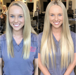 Side by Side photo of blonde gir before and after hair extensions applicatio