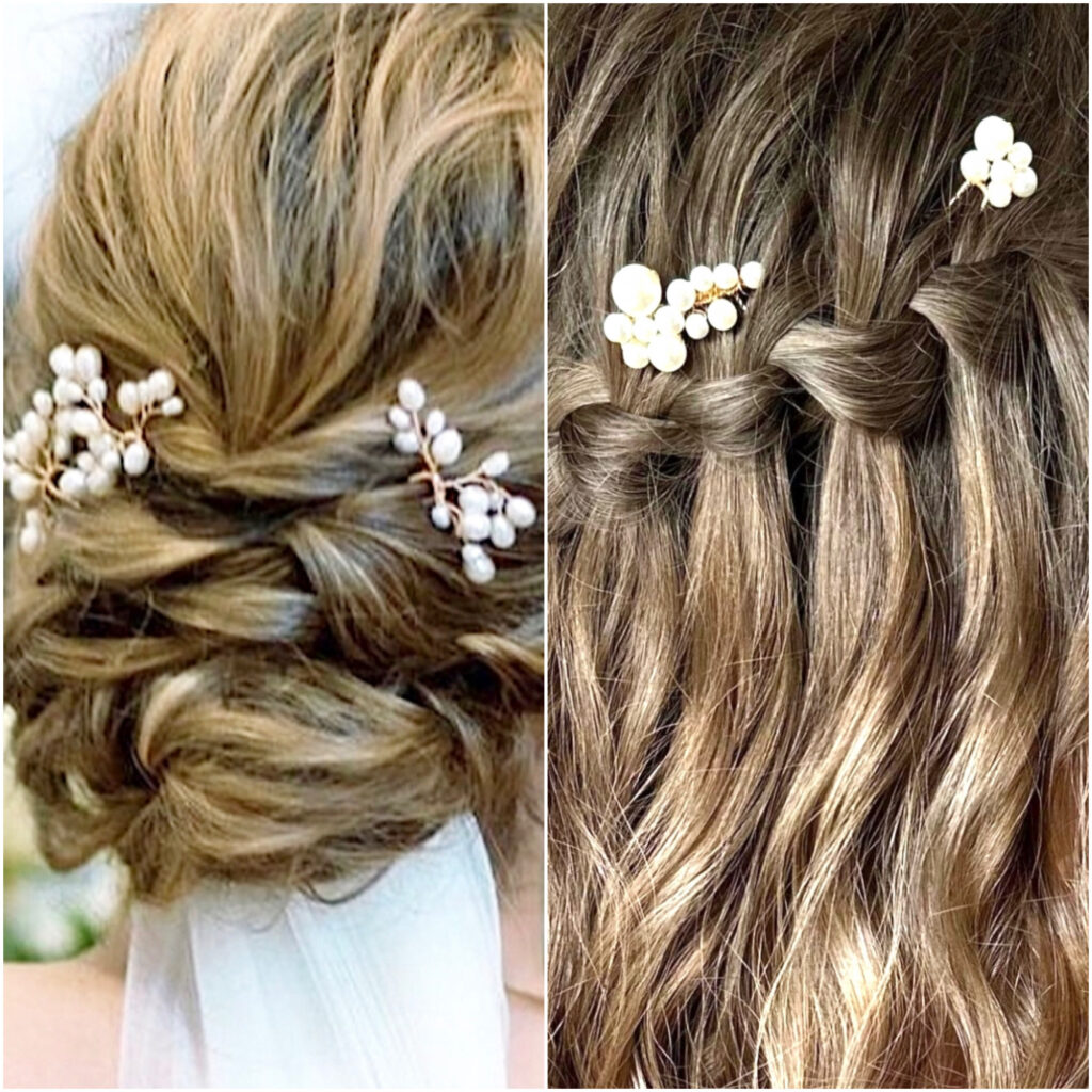 two bridal hair styles using pearls